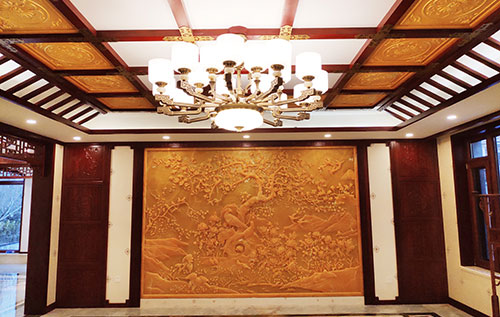 长顺中式别墅客厅中式木作横梁吊顶装饰展示